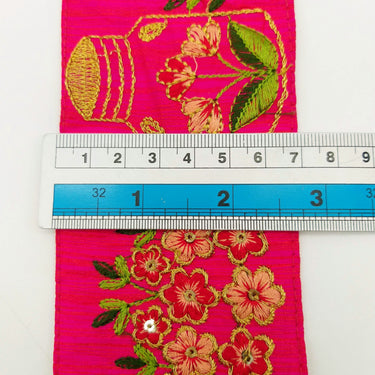 Pink Art Silk Trim With Floral Embroidery & Sequins, Red, Green And Gold Flower Embroidered Trim